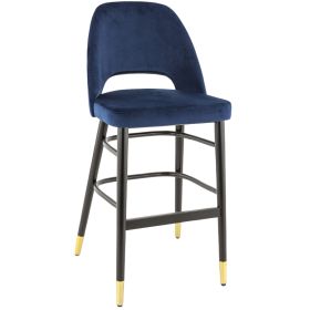 CMV-22076-B Chaise haute de bar en metal assise dossier en velours bleu pieds embouts dore