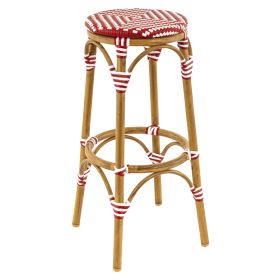 CRO-F20010-R/BLC  Tabouret de bar haut rond en alu rotin rouge blanc